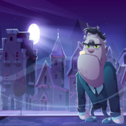 Cartoon of Frankenstein's monster in a nighttime city scape