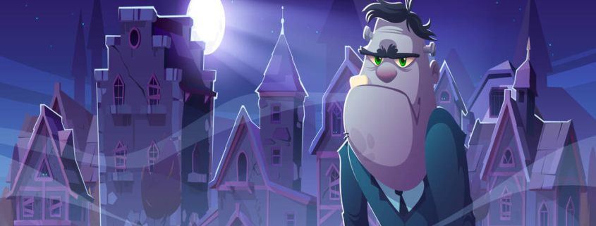 Cartoon of Frankenstein's monster in a nighttime city scape
