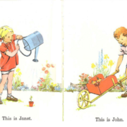 Image of a little girl watering a flower and of a little boy pushing a wheelbarrow