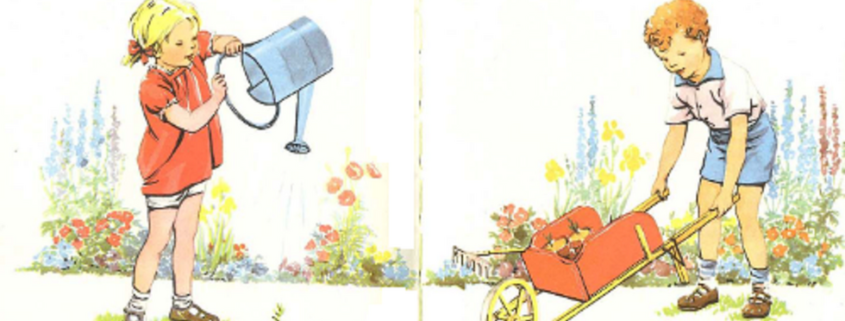Image of a little girl watering a flower and of a little boy pushing a wheelbarrow